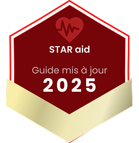 Badge hexagonal rouge avec texte "Guide mis à jour 2025" et icône de cœur.
